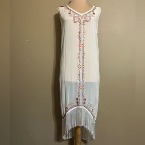 Elegant Cream Sheer Embroidered Dress Tassel Fringe